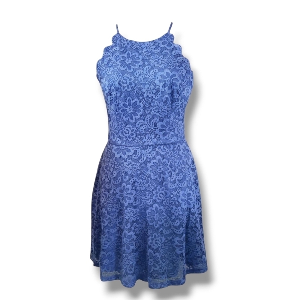 BCX Blue Lace Halter Dress Juniors Size 11 Scallop A-Line Cocktail Party Dress